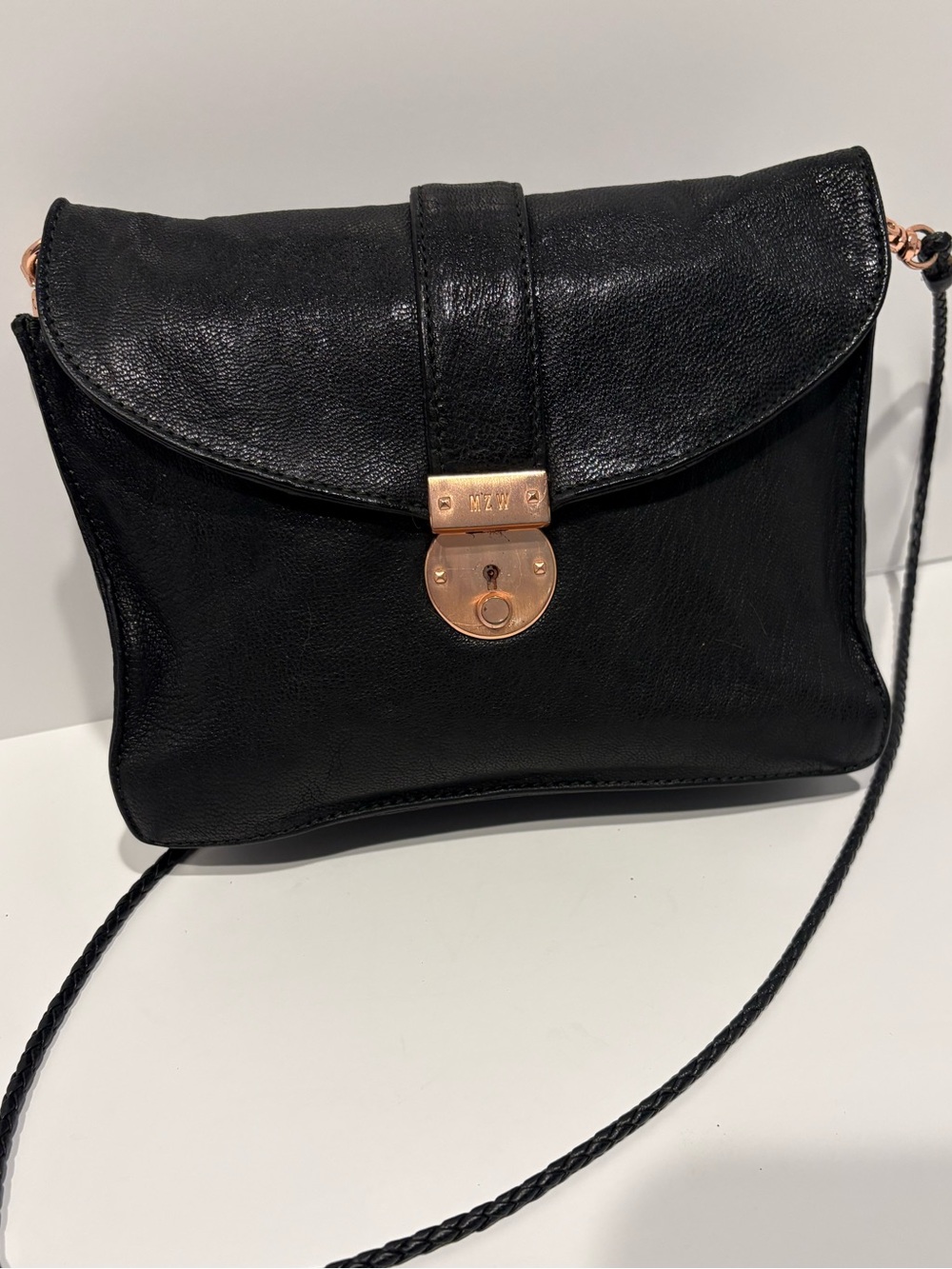 MZ Wallace Black Leather Crossbody With A Rose Gold Latch